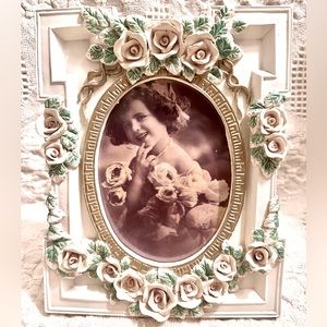 Wooden Photo Frame 4x6 Oval Picture Ornate Ceramic 3D Pink🌹& 🍃 Made in Taiwan